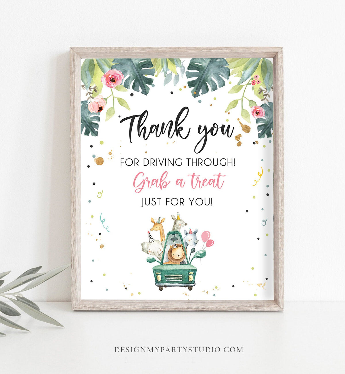 Drive By Baby Shower Sign Safari Animals Girl Thank You Driving Through Grab a Treat Favor Sign Social Distancing Quarantine Printable 0345