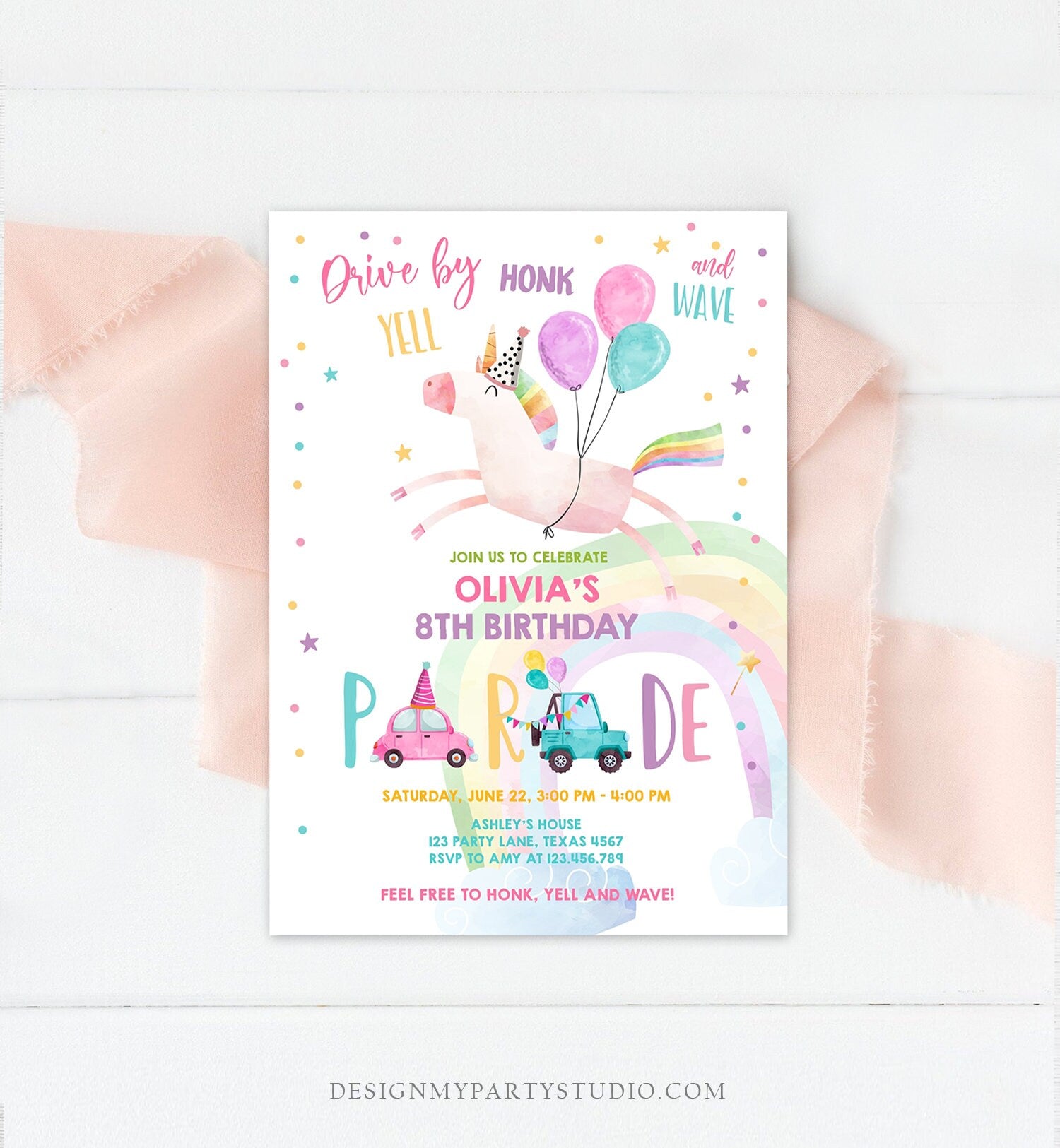 Editable Unicorn Drive By Birthday Parade Invitation Virtual Party Invite Honk Wave Car Girl Pink Quarantine Download Digital Corjl 0336