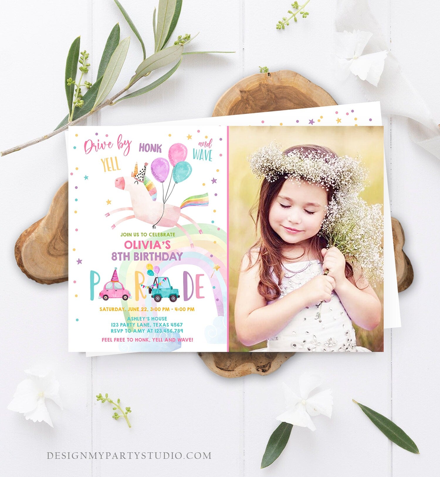 Editable Unicorn Drive By Birthday Parade Invitation Virtual Party Invite Honk Wave Car Girl Pink Quarantine Download Digital Corjl 0336