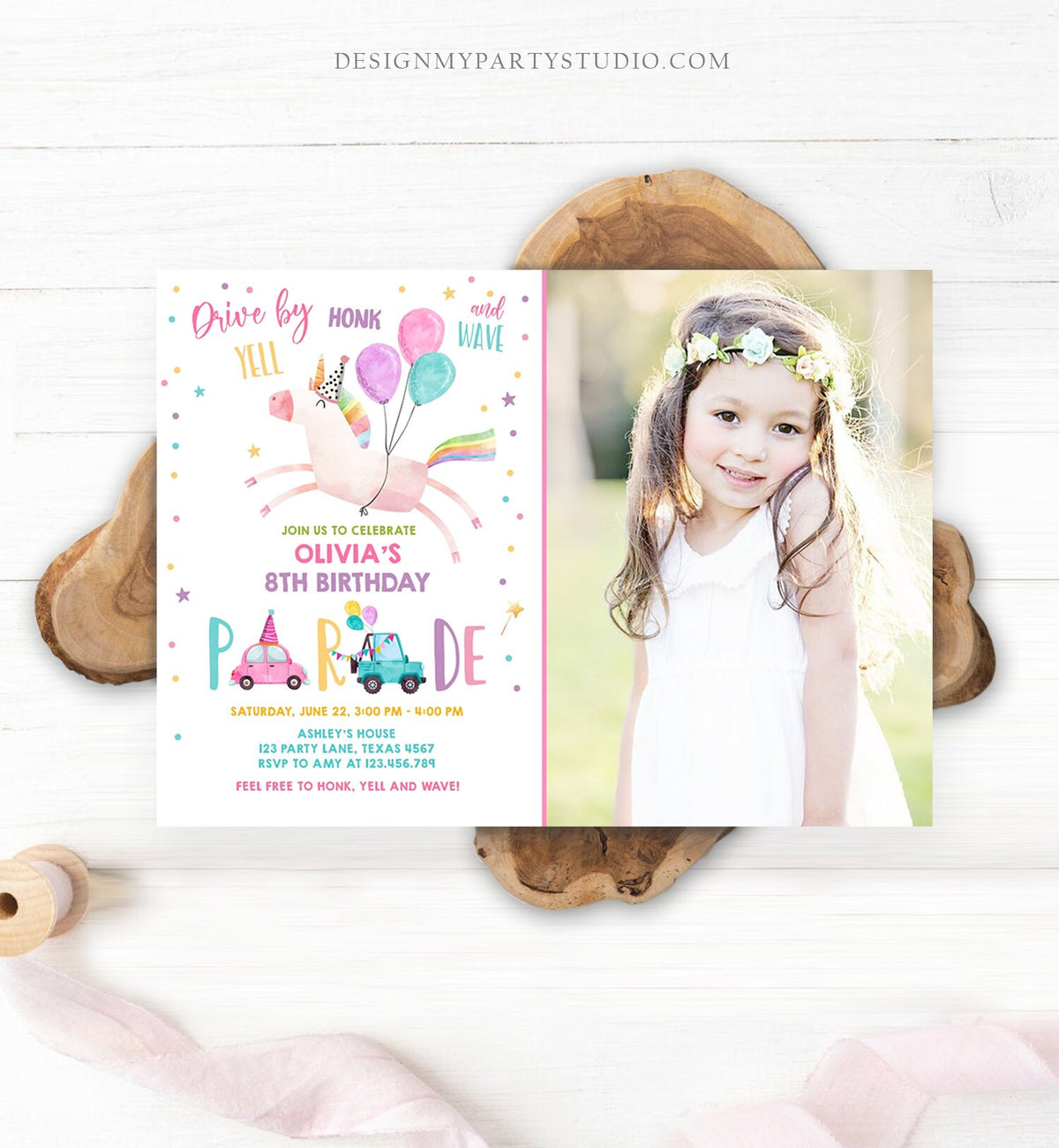 Editable Unicorn Drive By Birthday Parade Invitation Virtual Party Invite Honk Wave Car Girl Pink Quarantine Download Digital Corjl 0336