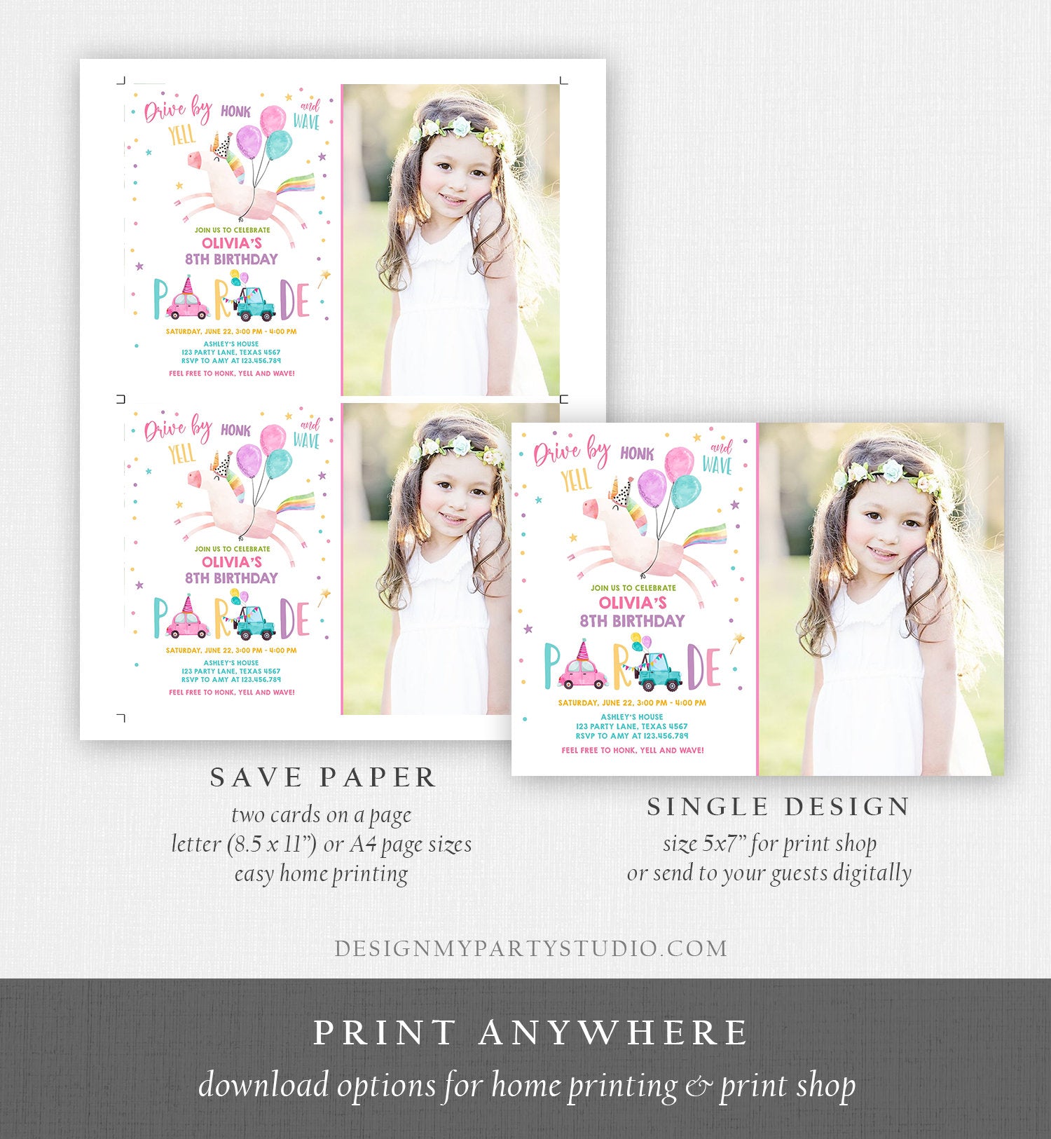 Editable Unicorn Drive By Birthday Parade Invitation Virtual Party Invite Honk Wave Car Girl Pink Quarantine Download Digital Corjl 0336