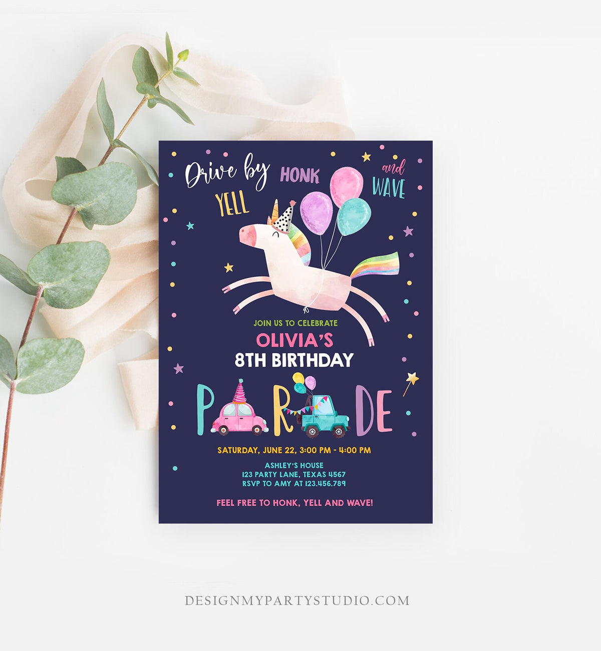 Editable Unicorn Drive By Birthday Parade Invitation Virtual Party Invite Honk Wave Car Girl Pink Quarantine Download Digital Corjl 0336
