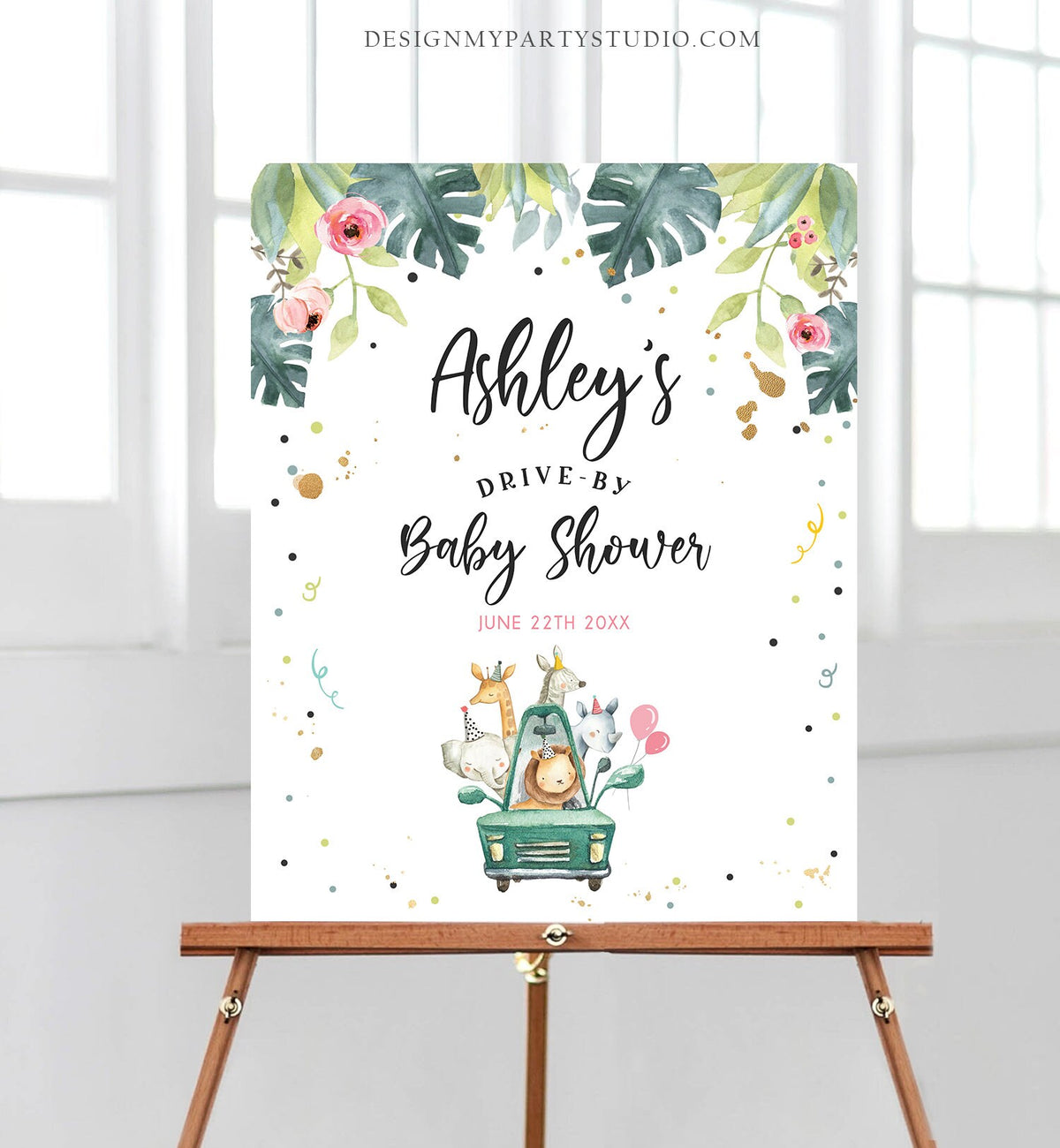 Editable Drive By Baby Shower Sign Welcome Safari Animals Girl Quarantine Party Drive Through Birthday Parade Yard Sign Corjl Template 0345