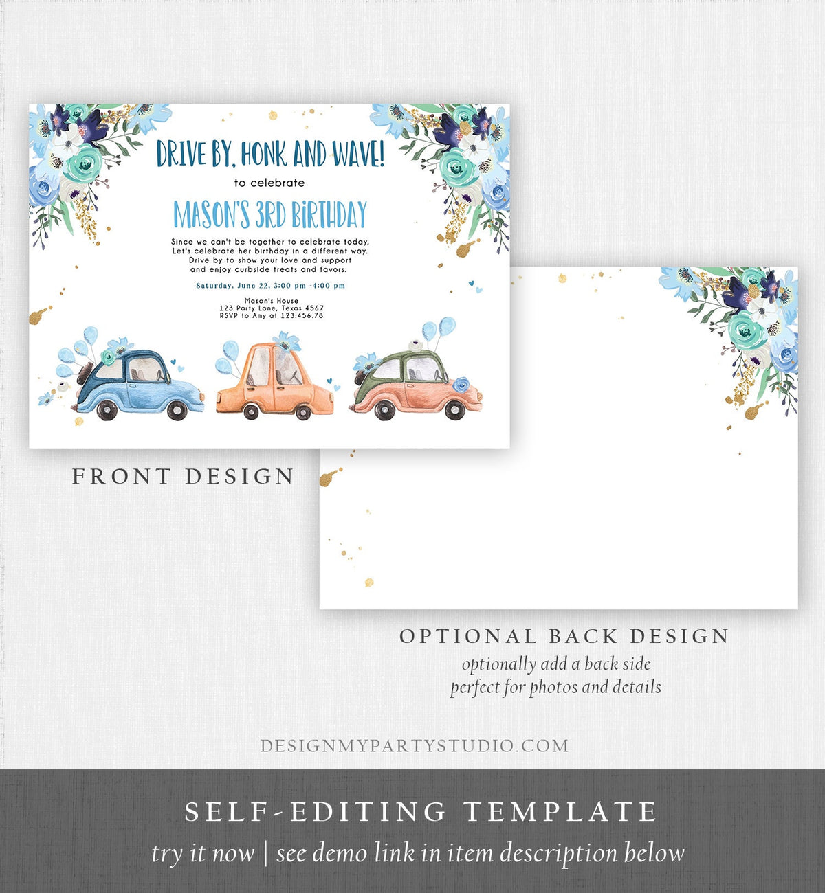 Editable Drive By Birthday Parade Invitation Virtual Party Invite Honk Wave Car Boy Blue Quarantine Drive Through Corjl Template 0335