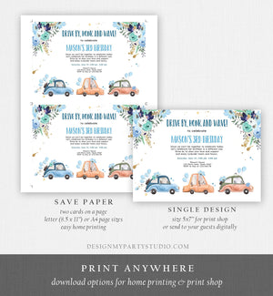 Editable Drive By Birthday Parade Invitation Virtual Party Invite Honk Wave Car Boy Blue Quarantine Drive Through Corjl Template 0335