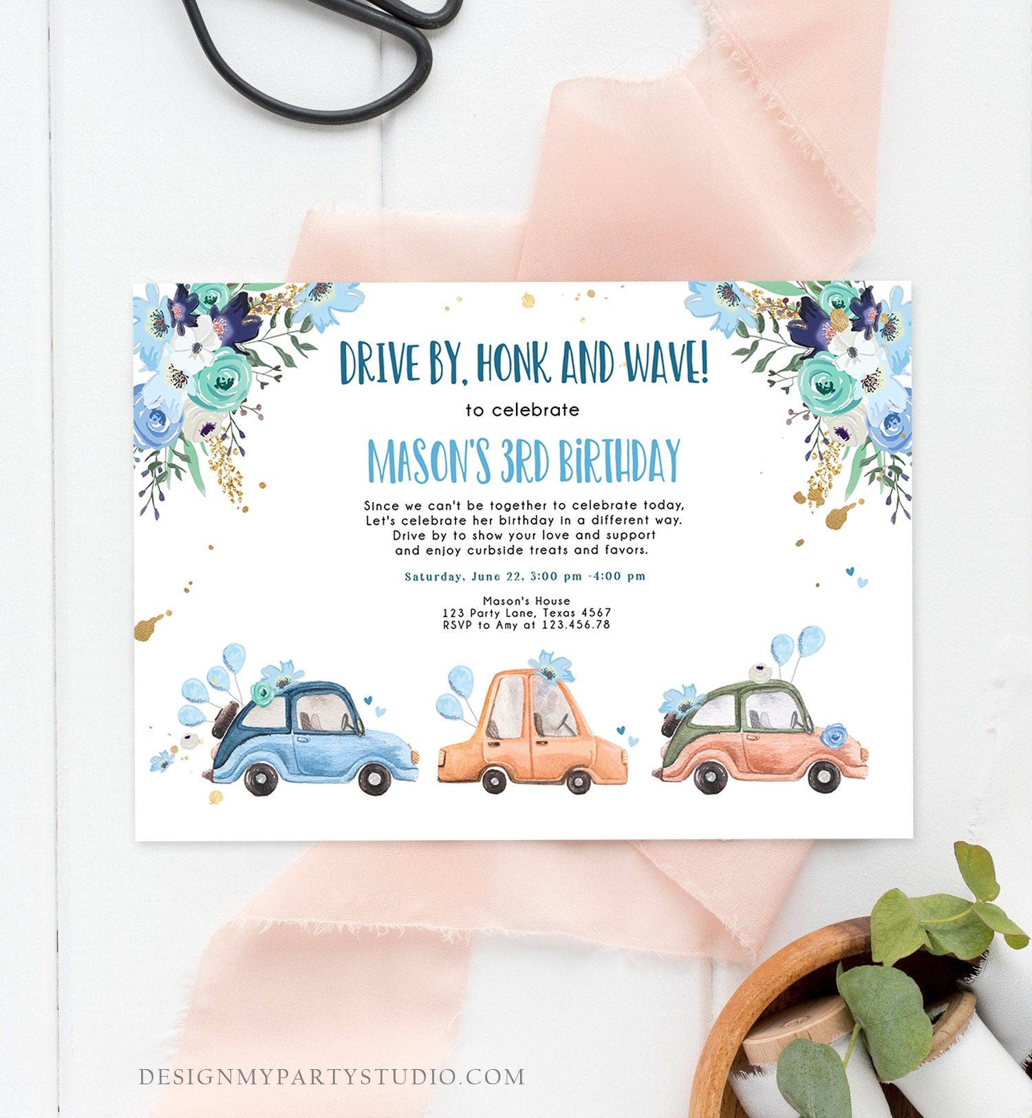 Editable Drive By Birthday Parade Invitation Virtual Party Invite Honk Wave Car Boy Blue Quarantine Drive Through Corjl Template 0335