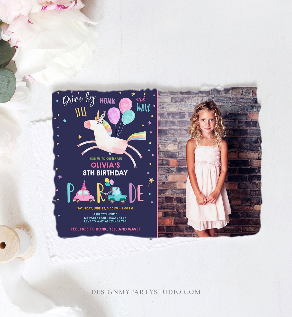 Editable Unicorn Drive By Birthday Parade Invitation Virtual Party Invite Honk Wave Car Girl Pink Purple Photo Quarantine Corjl Digital 0336