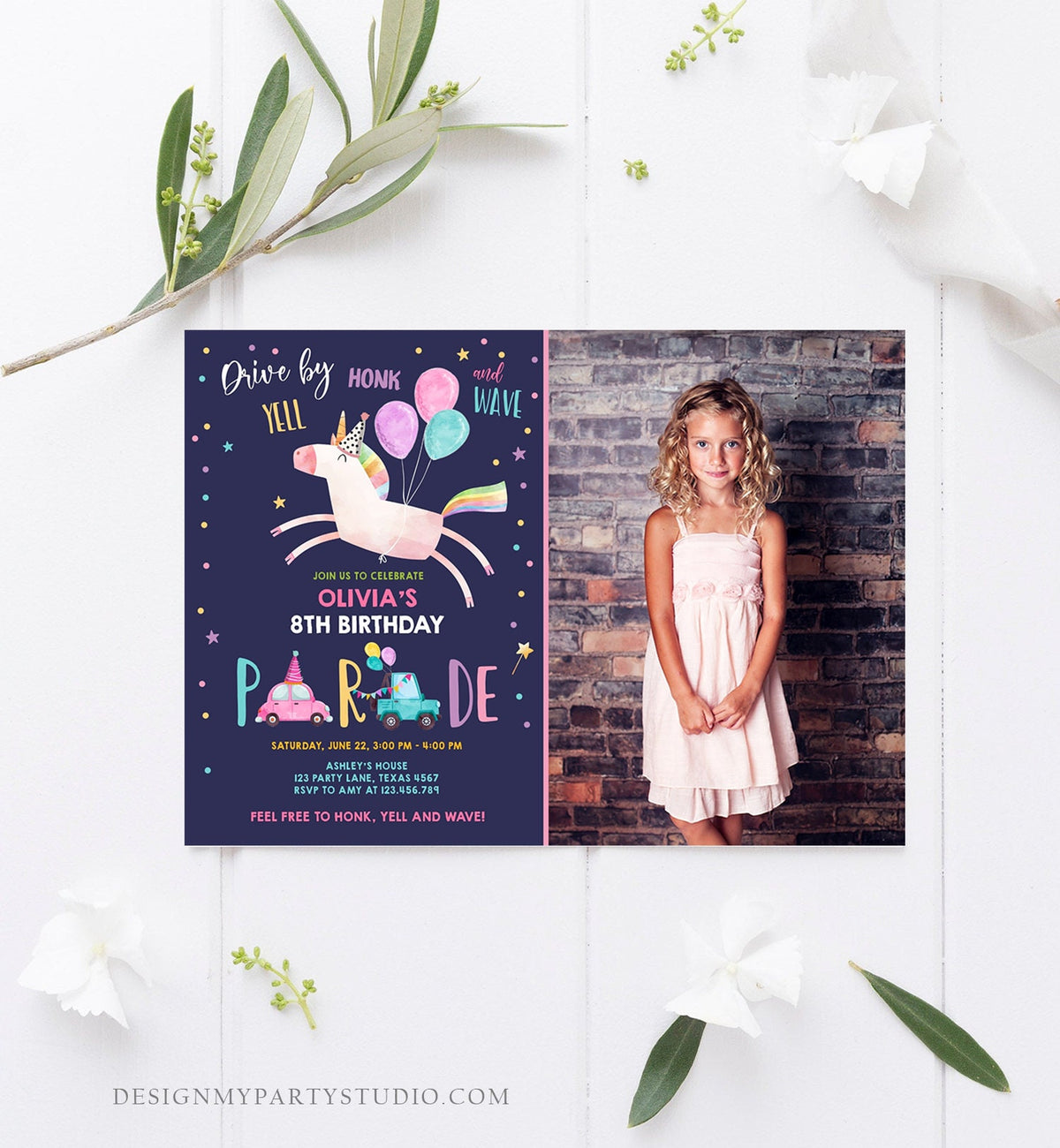 Editable Unicorn Drive By Birthday Parade Invitation Virtual Party Invite Honk Wave Car Girl Pink Purple Photo Quarantine Corjl Digital 0336