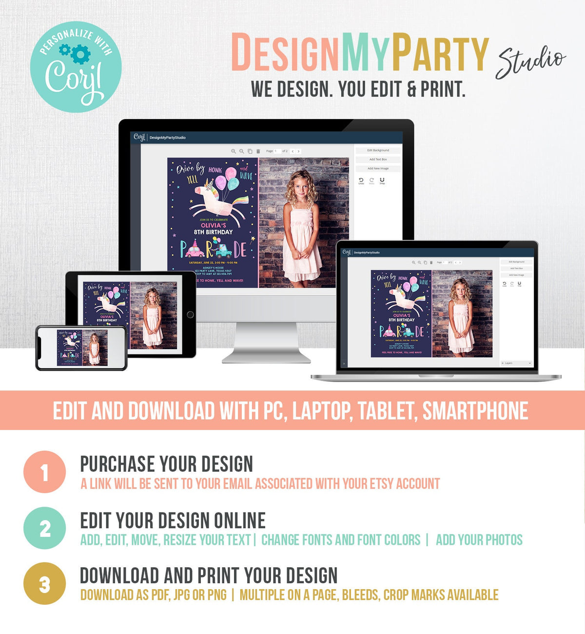 Editable Unicorn Drive By Birthday Parade Invitation Virtual Party Invite Honk Wave Car Girl Pink Purple Photo Quarantine Corjl Digital 0336