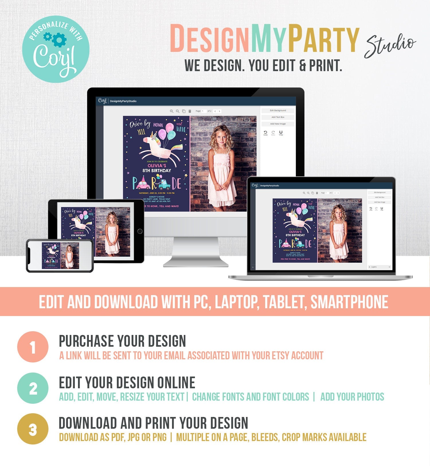 Editable Unicorn Drive By Birthday Parade Invitation Virtual Party Invite Honk Wave Car Girl Pink Purple Photo Quarantine Corjl Digital 0336