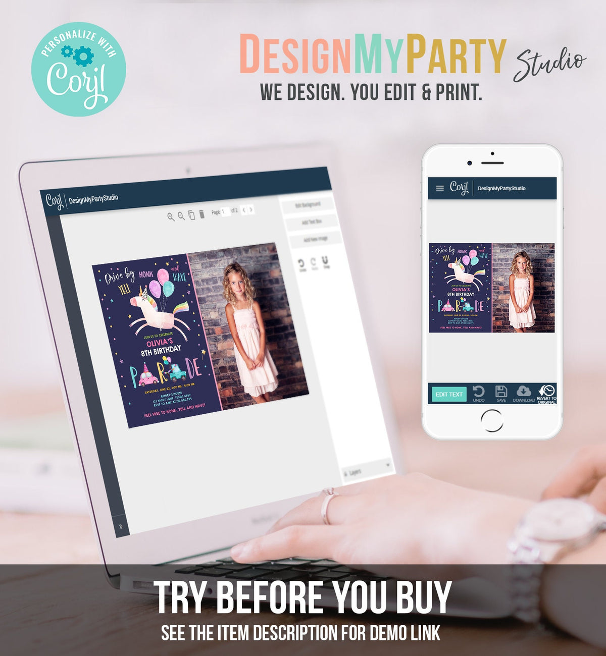 Editable Unicorn Drive By Birthday Parade Invitation Virtual Party Invite Honk Wave Car Girl Pink Purple Photo Quarantine Corjl Digital 0336