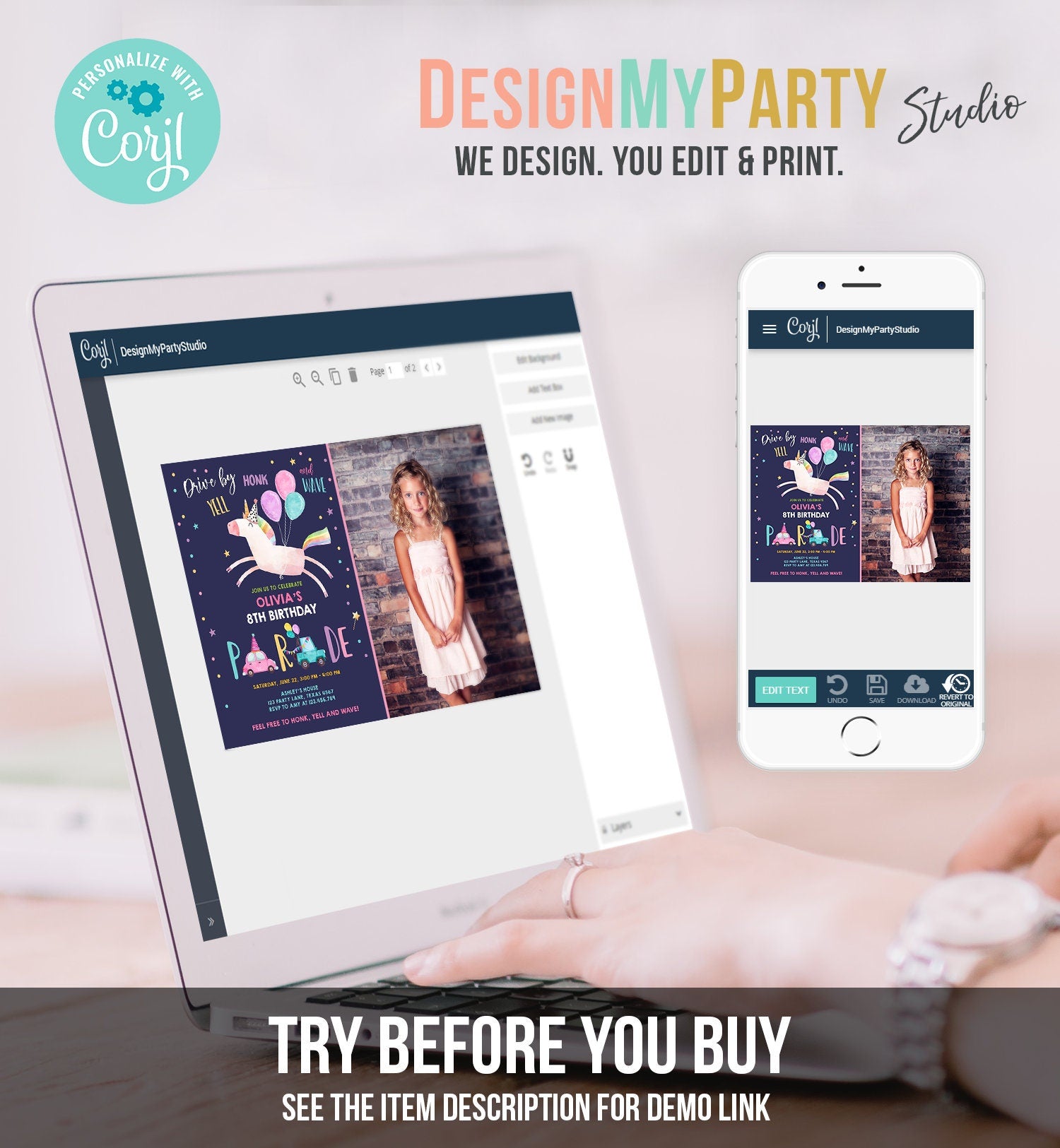 Editable Unicorn Drive By Birthday Parade Invitation Virtual Party Invite Honk Wave Car Girl Pink Purple Photo Quarantine Corjl Digital 0336