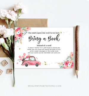 Editable Drive By Bring a Book Card Baby Shower Pink Floral Girl Drive Through Book Request Baby Book Insert Ticket Corjl Template 0335