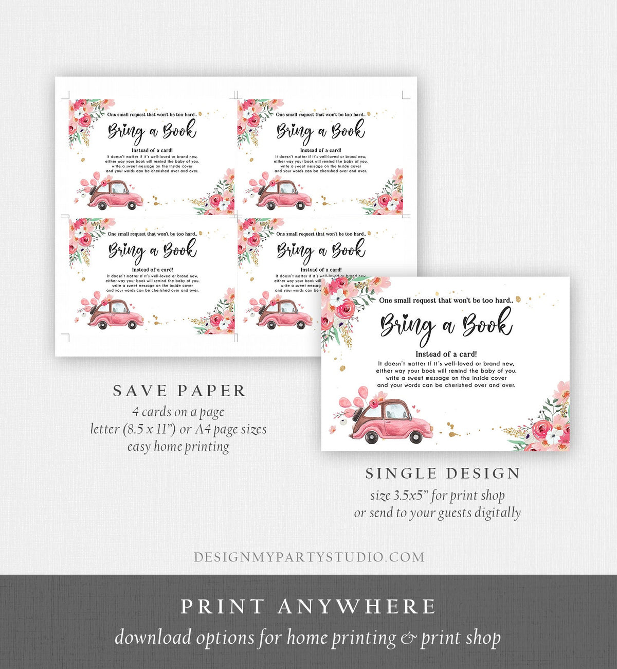 Editable Drive By Bring a Book Card Baby Shower Pink Floral Girl Drive Through Book Request Baby Book Insert Ticket Corjl Template 0335