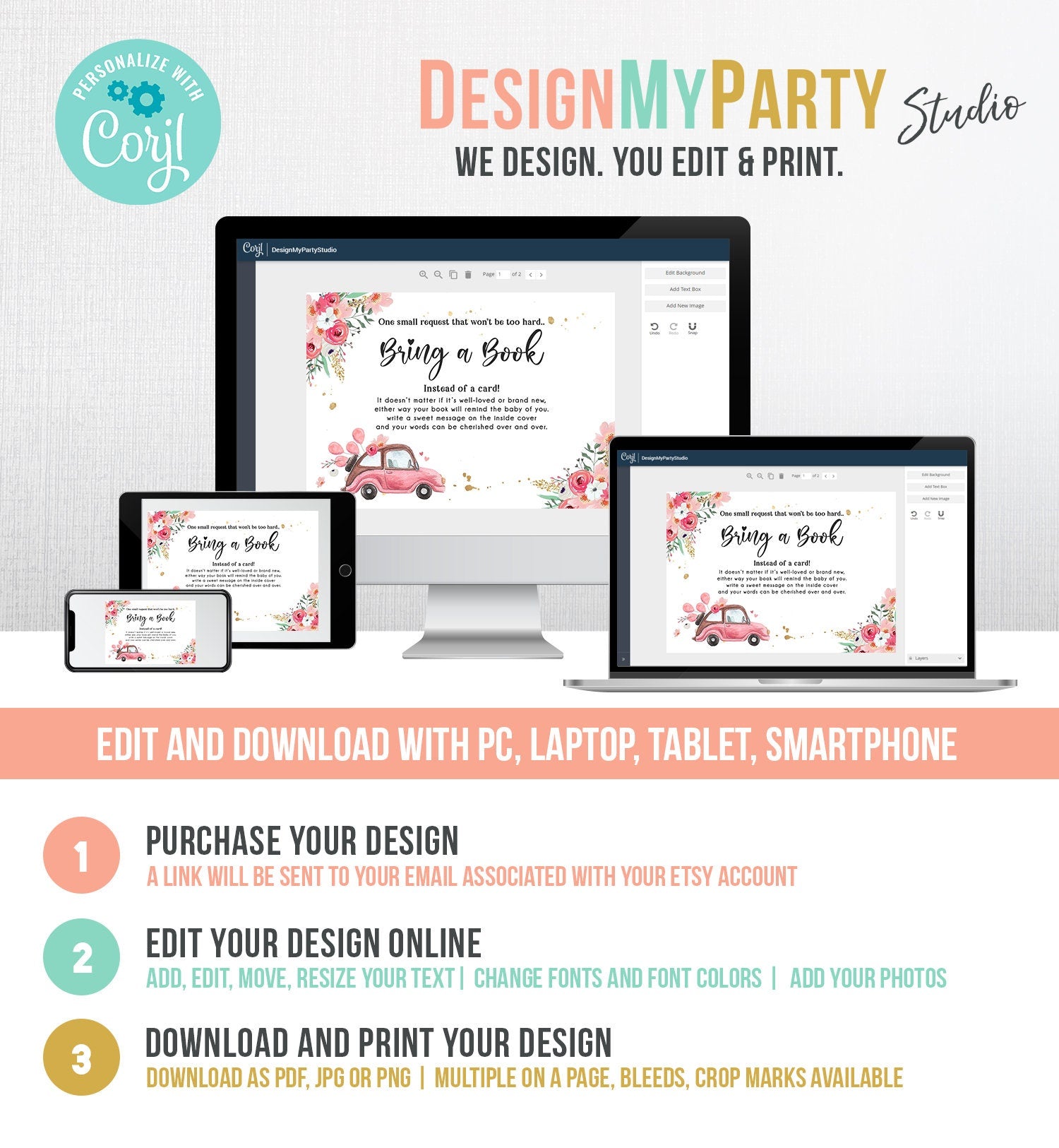 Editable Drive By Bring a Book Card Baby Shower Pink Floral Girl Drive Through Book Request Baby Book Insert Ticket Corjl Template 0335