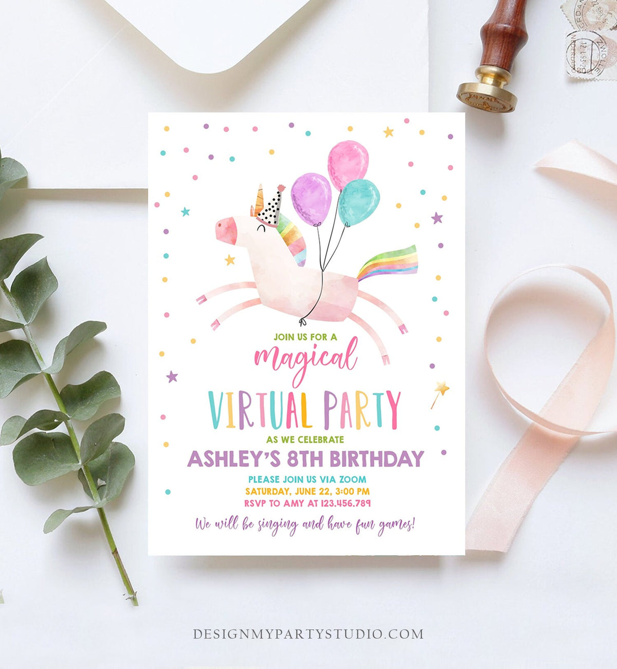 Editable Unicorn Virtual Birthday Party Invitation Virtual Party Invite Girl Pink Quarantine Birthday Zoom Download Digital Corjl 0336