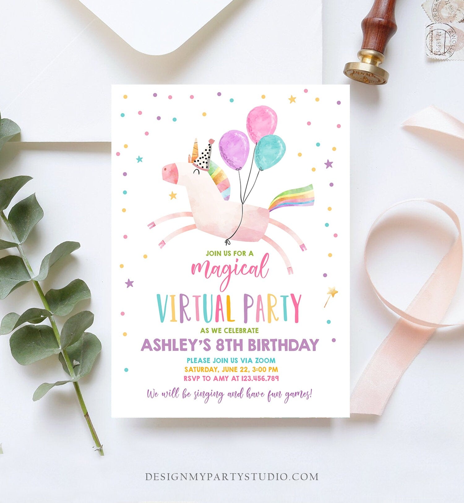 Editable Unicorn Virtual Birthday Party Invitation Virtual Party Invite Girl Pink Quarantine Birthday Zoom Download Digital Corjl 0336