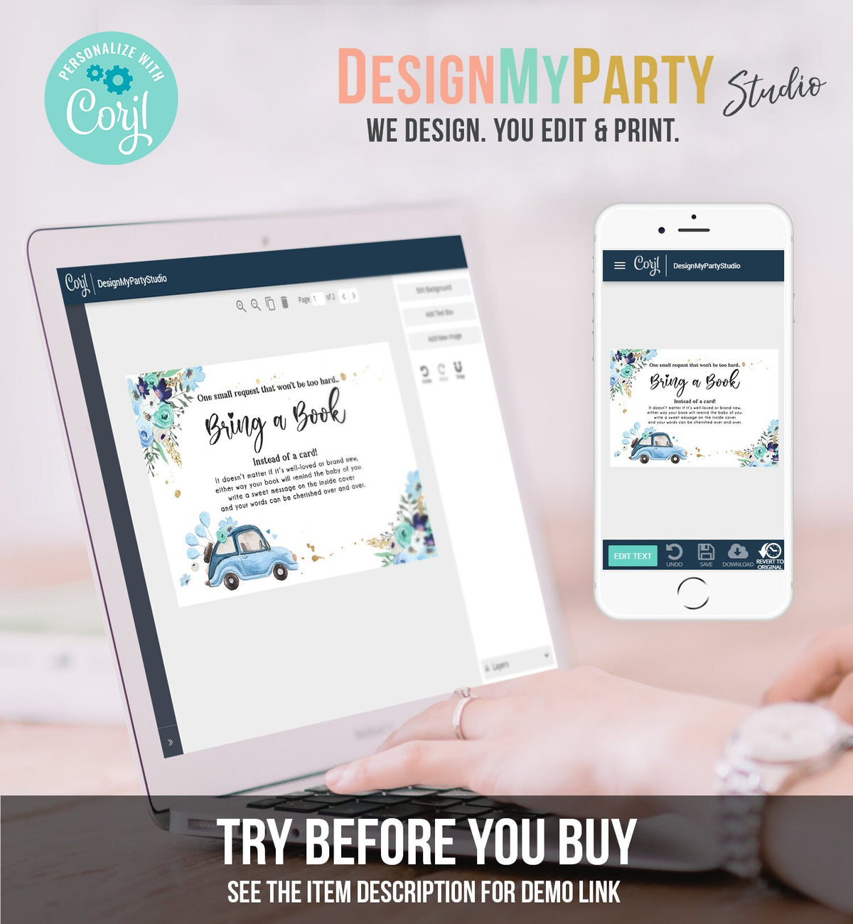 Editable Drive By Bring a Book Card Baby Shower Navy Blue Floral Boy Drive Through Book Request Baby Book Insert Ticket Corjl Template 0335