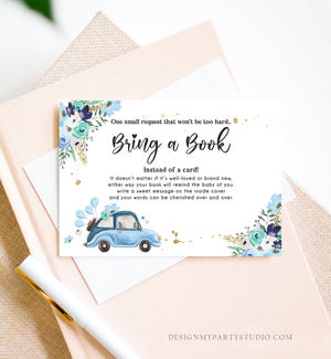 Editable Drive By Bring a Book Card Baby Shower Navy Blue Floral Boy Drive Through Book Request Baby Book Insert Ticket Corjl Template 0335