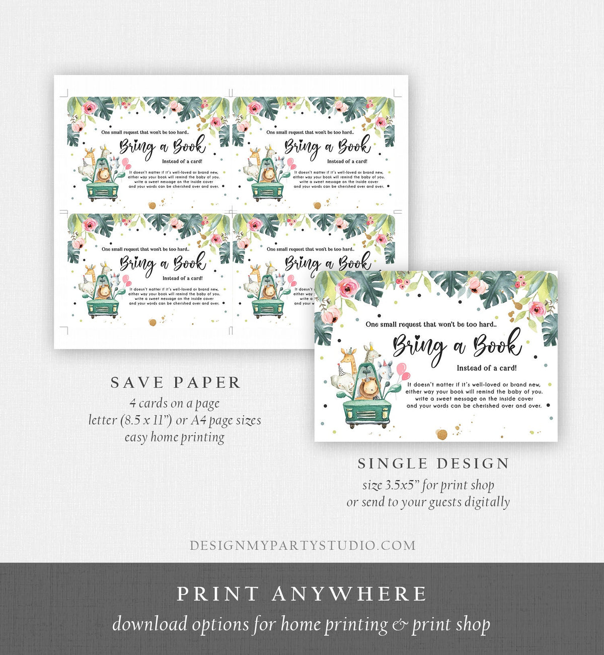 Editable Drive By Bring a Book Card Baby Shower Safari Animals Pink Floral Girl Drive Through Request Insert Ticket Corjl Template 0345