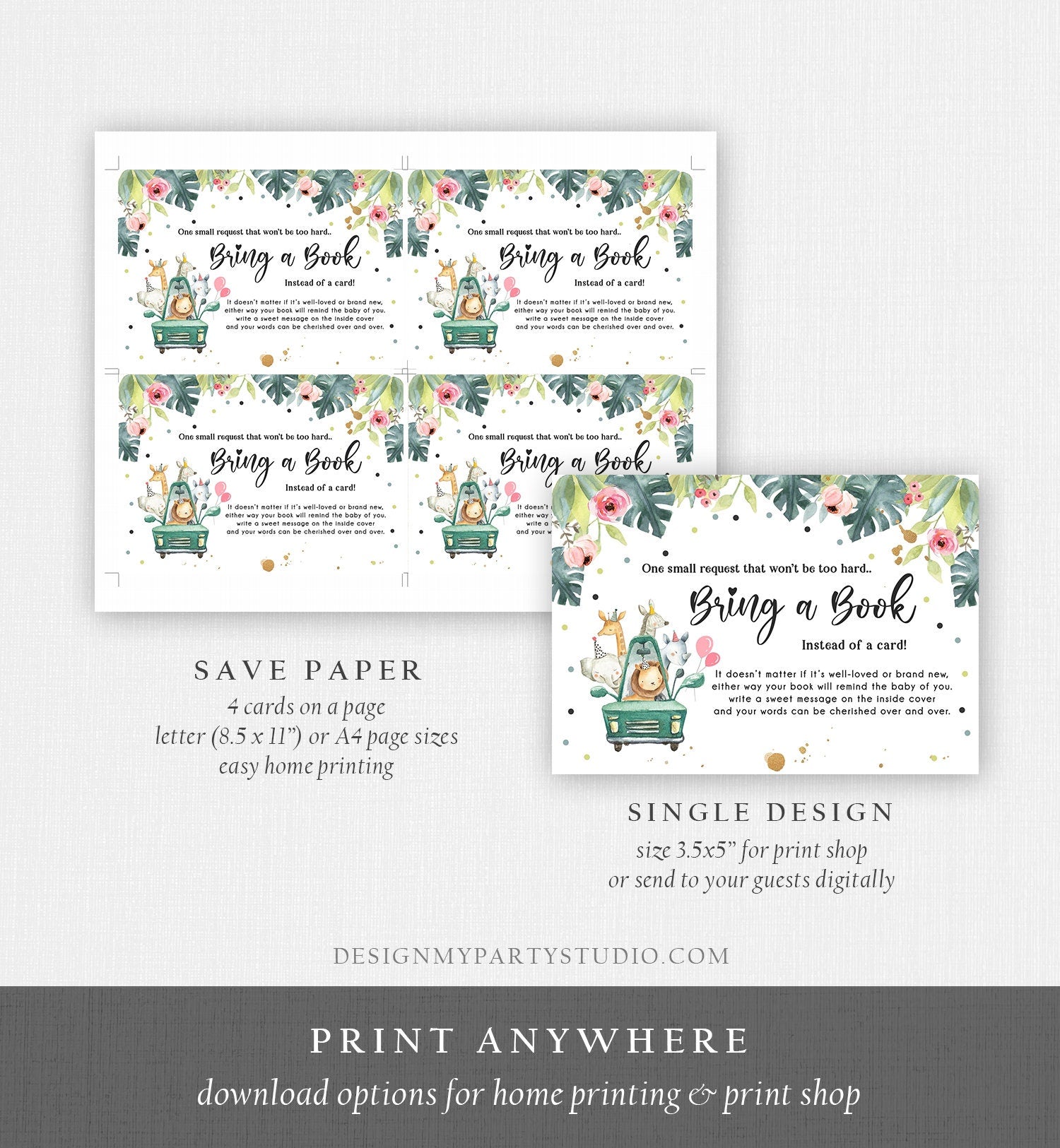 Editable Drive By Bring a Book Card Baby Shower Safari Animals Pink Floral Girl Drive Through Request Insert Ticket Corjl Template 0345
