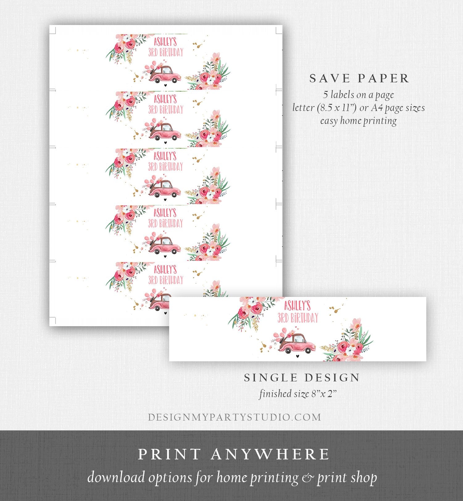 Editable Water Bottle Labels Drive By Birthday Decor Blush Pink Gold Floral Flowers Quarantine Printable Bottle Label Template Corjl 0335