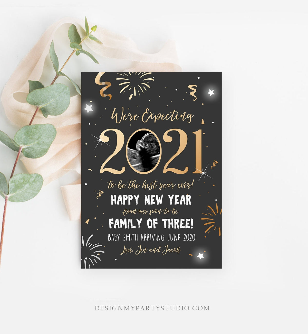 Editable New Year Pregnancy Reveal Card Pregnancy Announcement New Years 2021 Ultrasound Card Instant Download Digital Corjl Template 0280