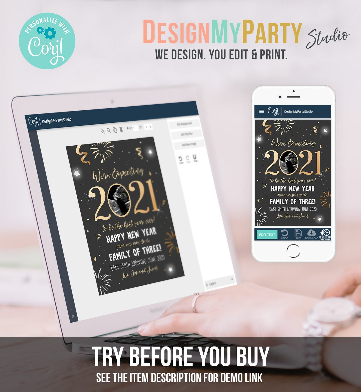 Editable New Year Pregnancy Reveal Card Pregnancy Announcement New Years 2021 Ultrasound Card Instant Download Digital Corjl Template 0280