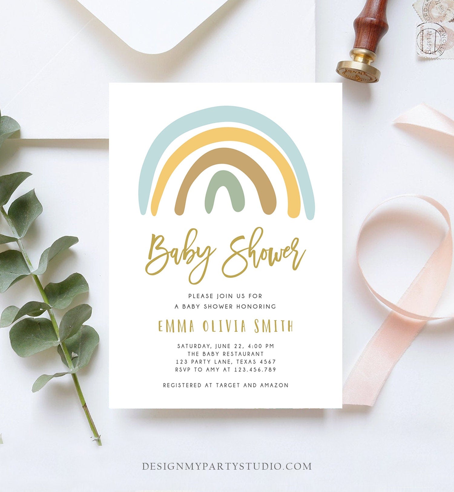 Editable Rainbow Baby Shower Invitation Muted Rainbow Invitation Gender Neutral Pastel Birthday Boy Blue Bow Download Corjl Template 0331