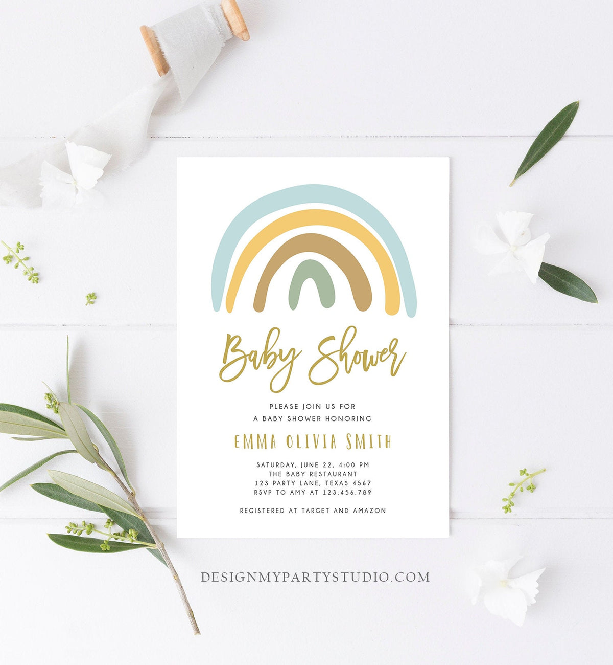 Editable Rainbow Baby Shower Invitation Muted Rainbow Invitation Gender Neutral Pastel Birthday Boy Blue Bow Download Corjl Template 0331