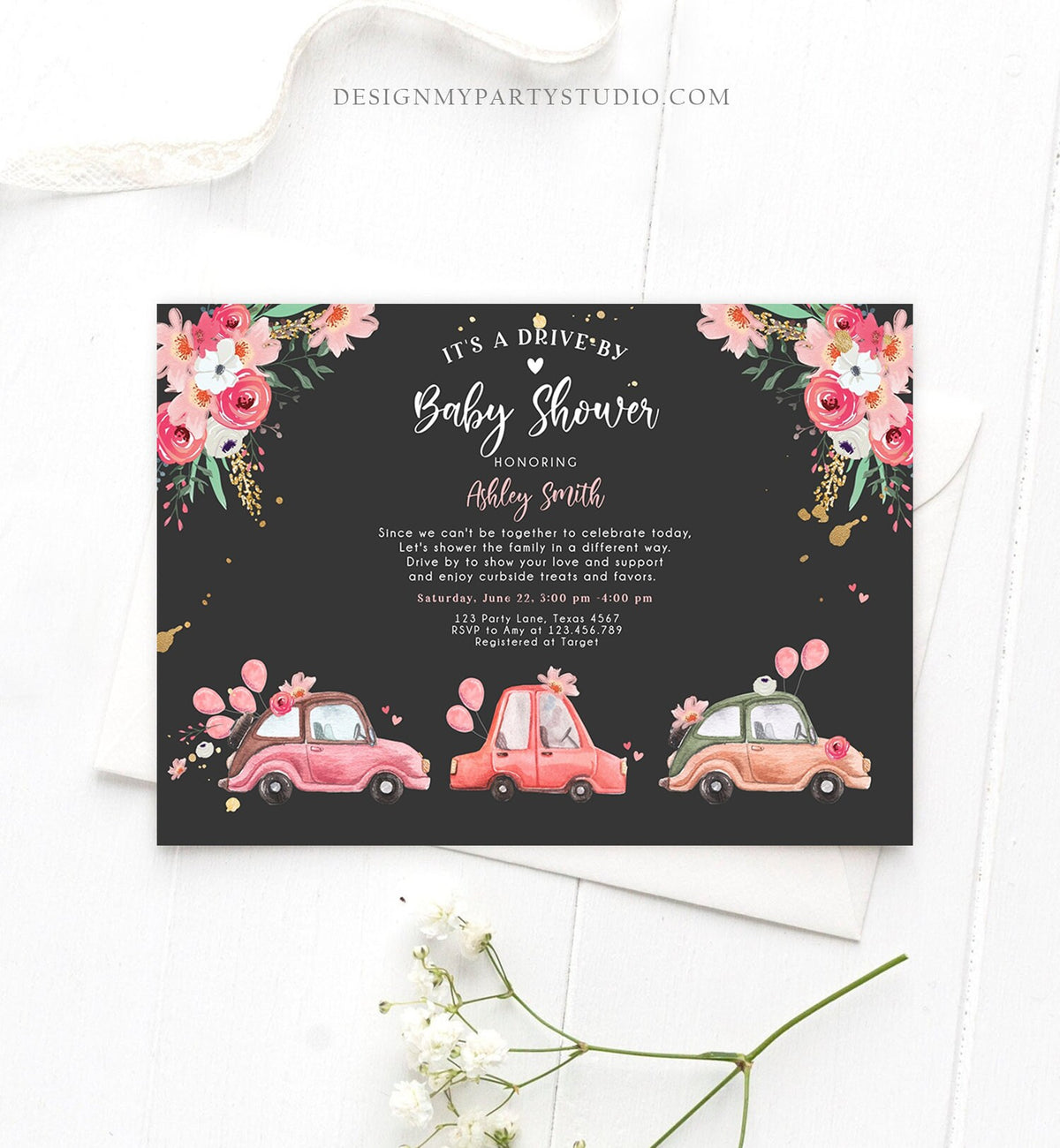 Editable Drive By Baby Shower Invitation Pink Girl Baby Shower Invite Quarantine Drive Through Floral Sprinkle Template Download Corjl 0335