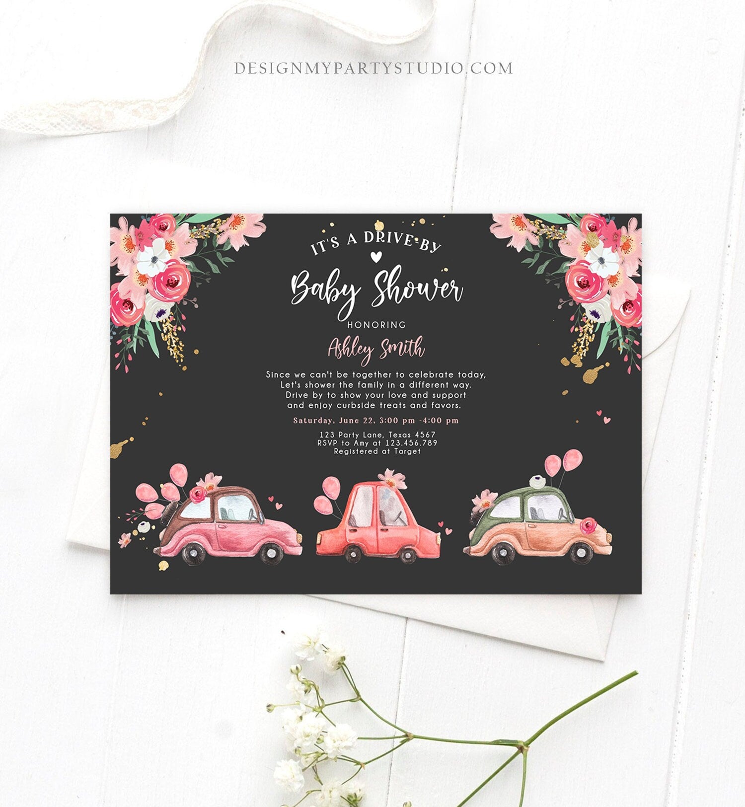 Editable Drive By Baby Shower Invitation Pink Girl Baby Shower Invite Quarantine Drive Through Floral Sprinkle Template Download Corjl 0335