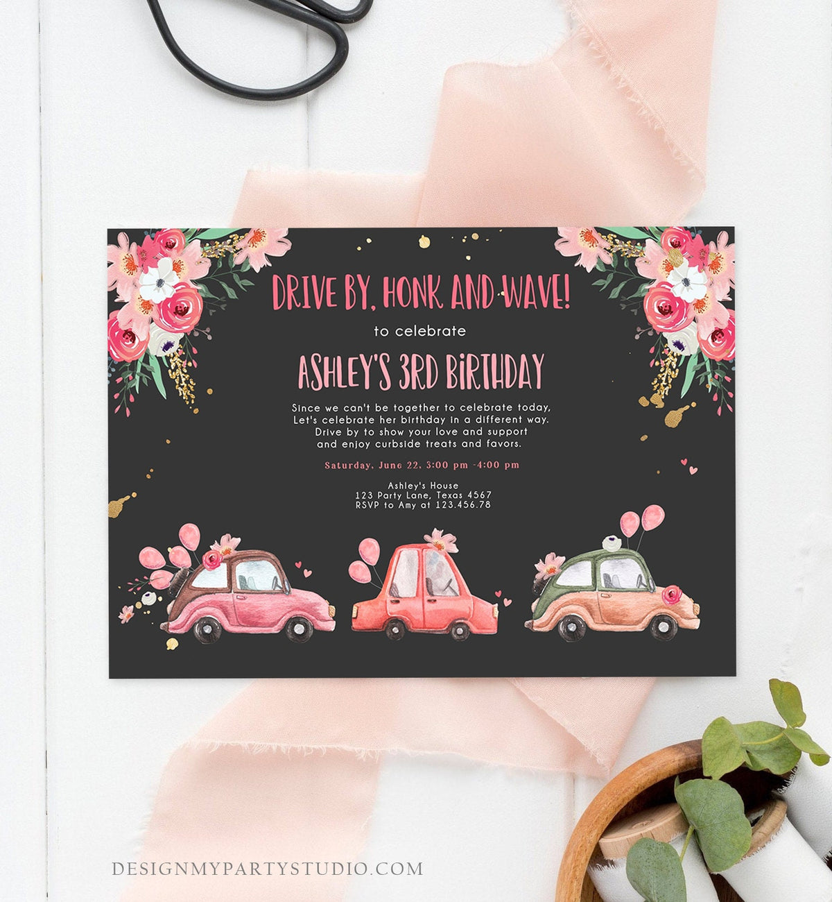 Editable Drive By Birthday Parade Invitation Virtual Party Invite Honk Wave Car Girl Pink Quarantine Instant Download Digital Corjl 0335