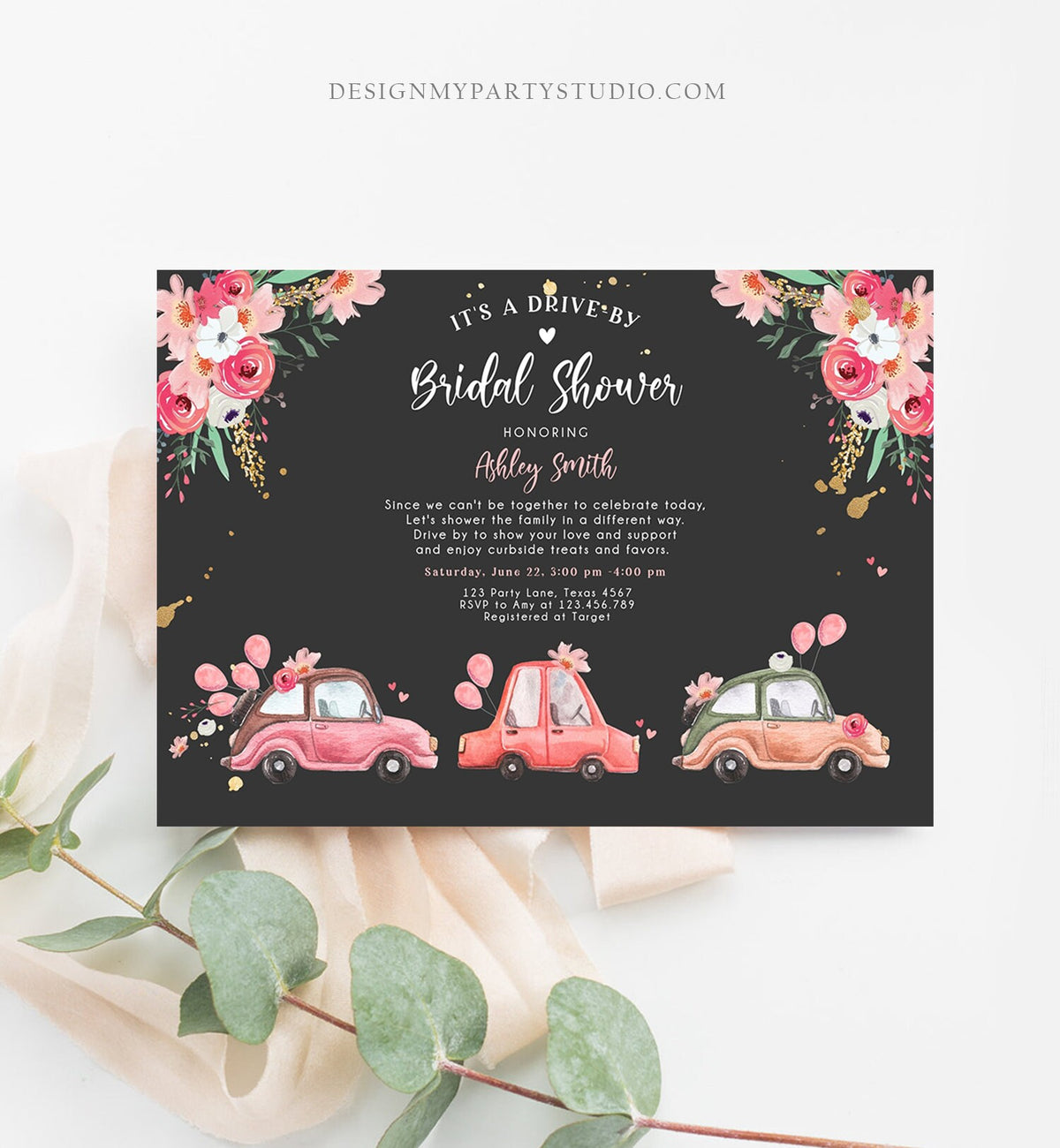 Editable Drive By Bridal Shower Invitation Couples Shower Invite Quarantine Drive Through Floral Wedding Shower Template Download Corjl 0335