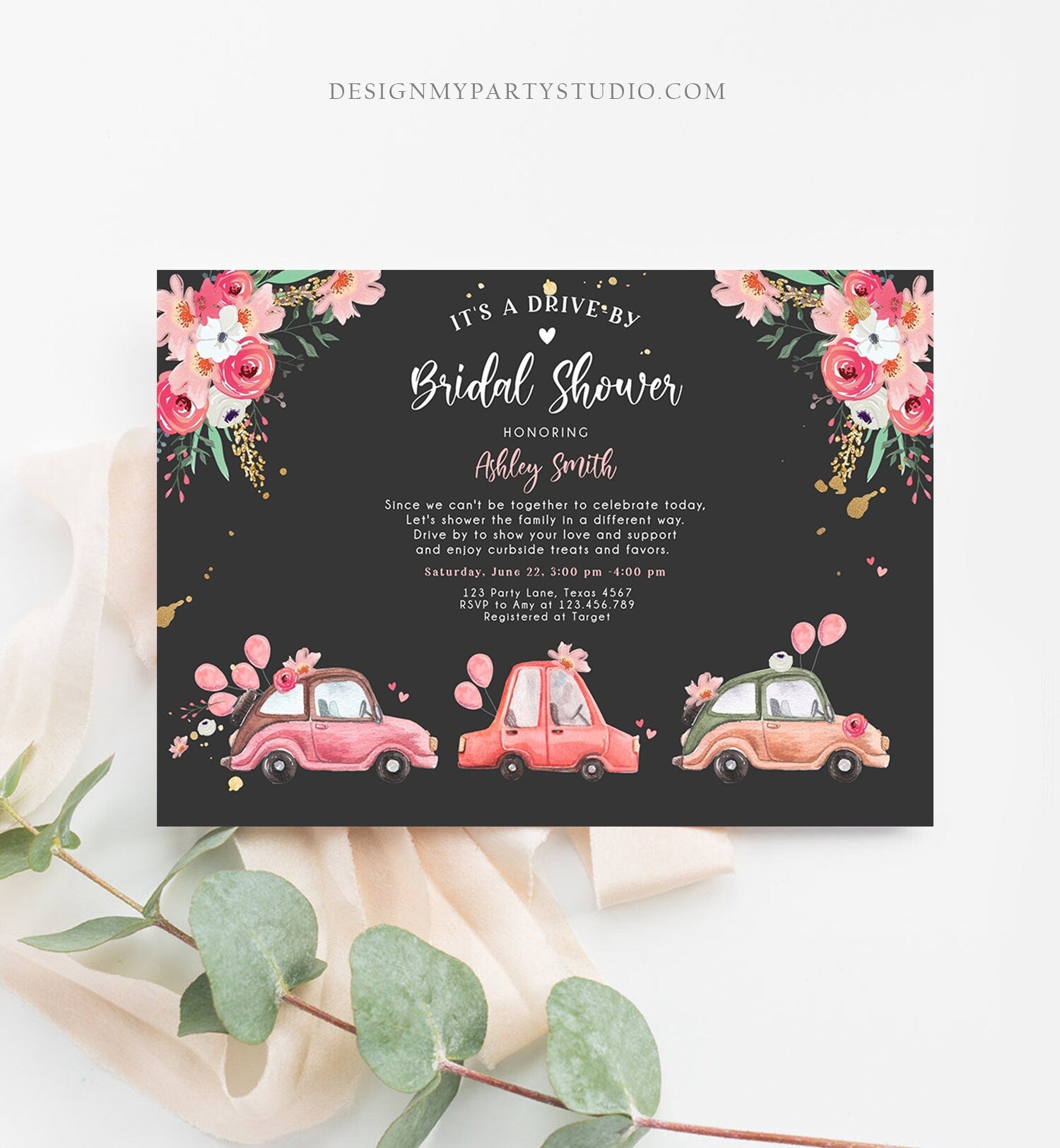 Editable Drive By Bridal Shower Invitation Couples Shower Invite Quarantine Drive Through Floral Wedding Shower Template Download Corjl 0335