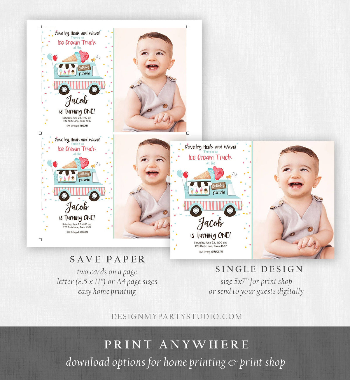 Editable Ice Cream Truck Birthday Invitation Birthday Parade Drive By Birthday Invite Quarantine Party Scoop Printable Template Corjl 0243