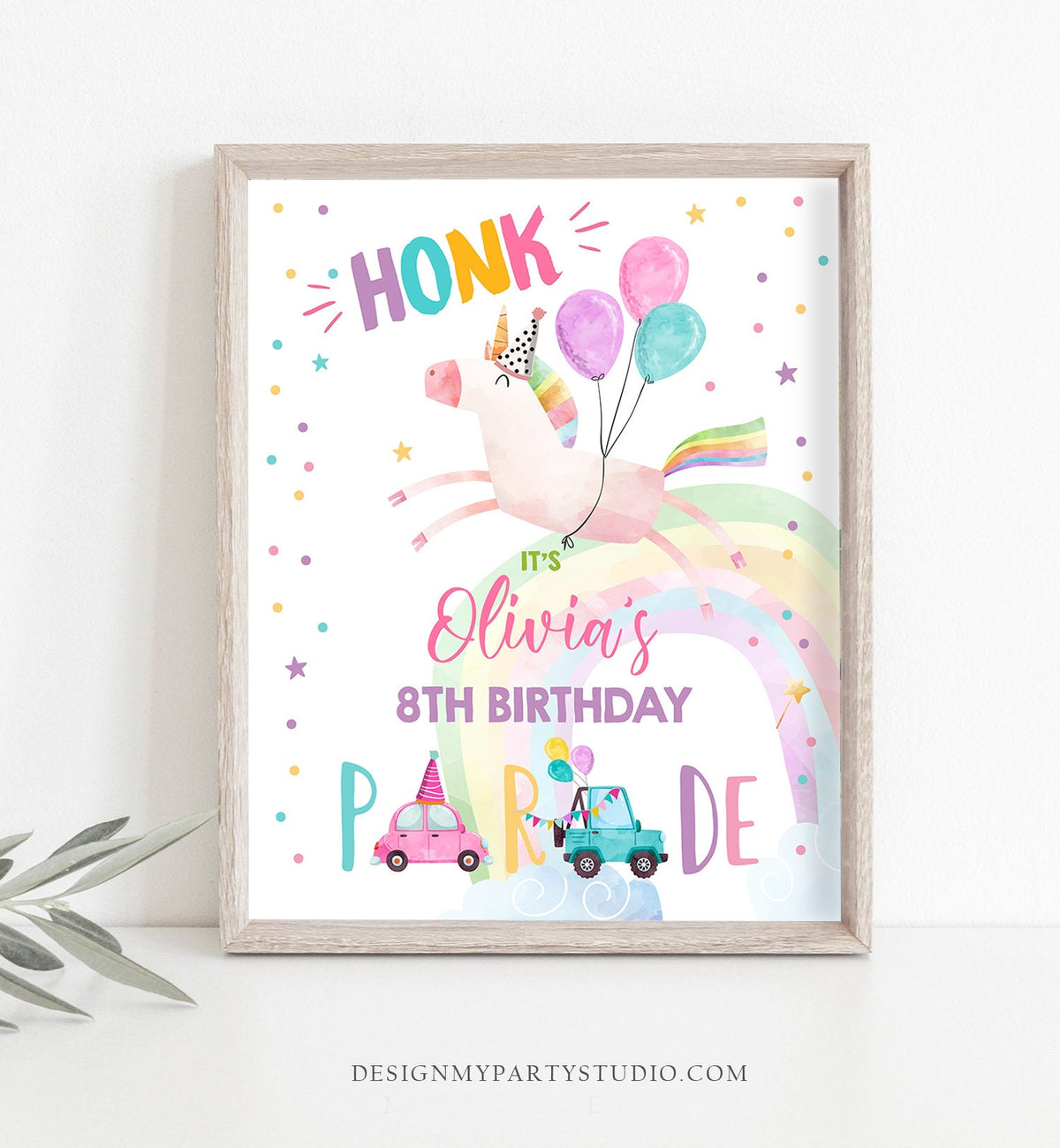 Editable Unicorn Drive By Birthday Sign Rainbow Girl Quarantine Party Poster Honk Birthday Parade Sign Pink Template PRINTABLE Corjl 0336