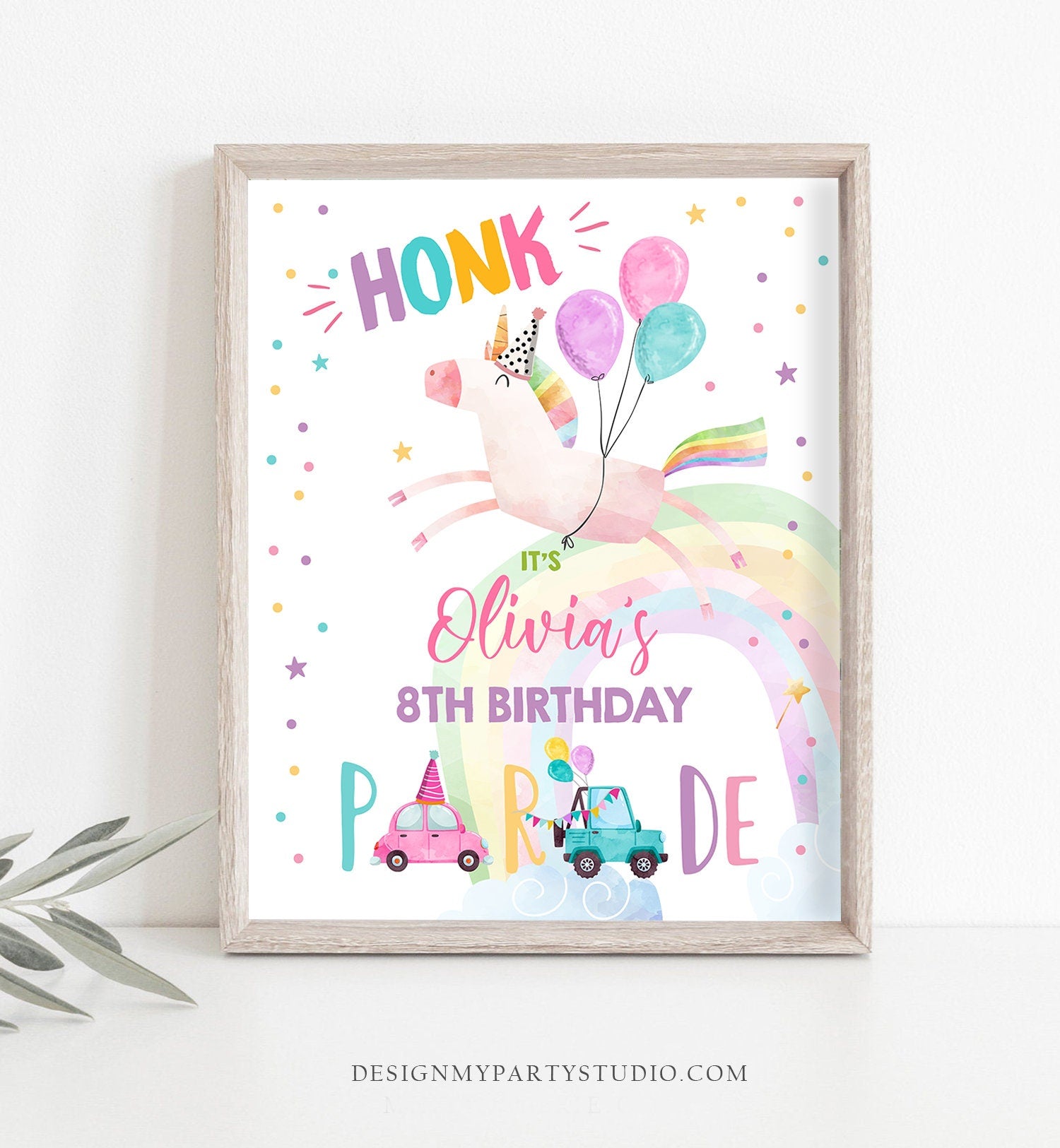 Editable Unicorn Drive By Birthday Sign Rainbow Girl Quarantine Party Poster Honk Birthday Parade Sign Pink Template PRINTABLE Corjl 0336
