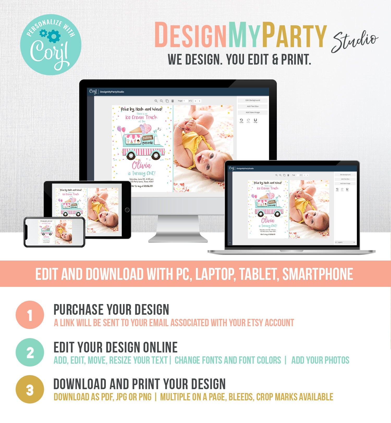 Editable Ice Cream Truck Birthday Invitation Birthday Parade Drive By Birthday Invite Quarantine Party Scoop Printable Template Corjl 0243