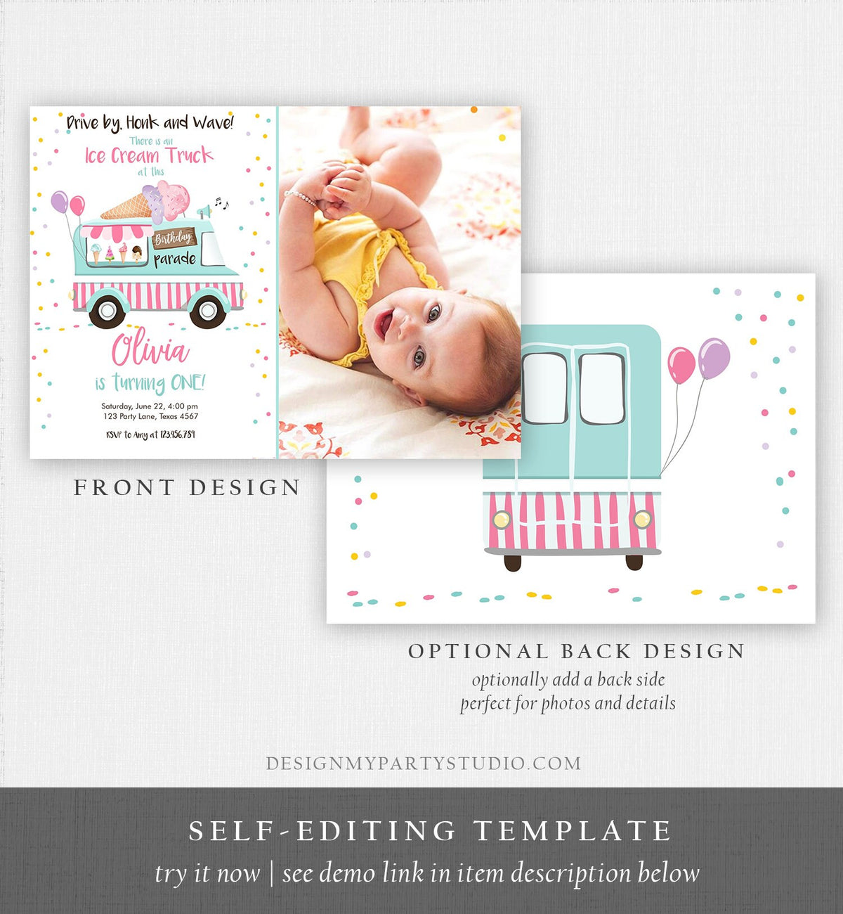 Editable Ice Cream Truck Birthday Invitation Birthday Parade Drive By Birthday Invite Quarantine Party Scoop Printable Template Corjl 0243