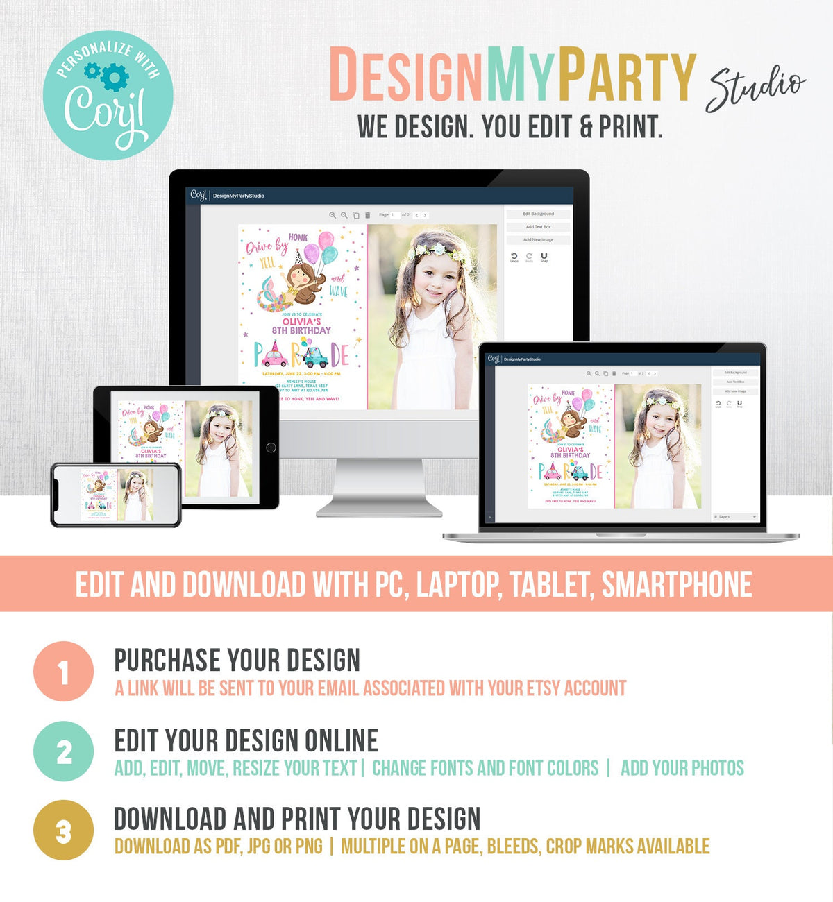 Editable Mermaid Drive By Birthday Parade Invitation Virtual Party Invite Honk Wave Car Girl Pink Quarantine Download Digital Corjl 0338