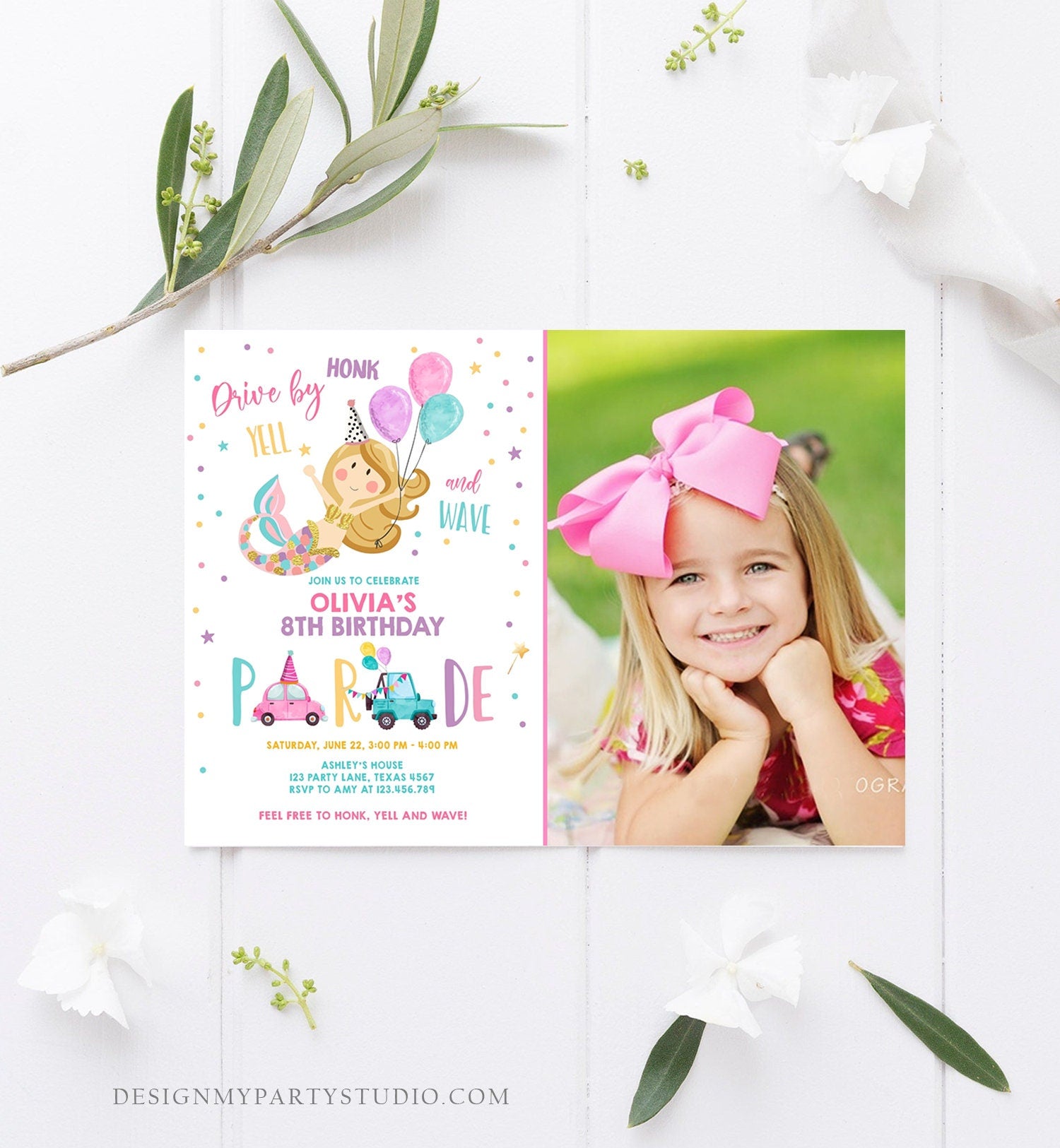 Editable Mermaid Drive By Birthday Parade Invitation Virtual Party Invite Honk Wave Car Girl Pink Quarantine Download Digital Corjl 0338