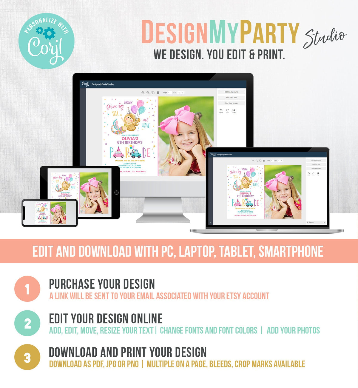 Editable Mermaid Drive By Birthday Parade Invitation Virtual Party Invite Honk Wave Car Girl Pink Quarantine Download Digital Corjl 0338