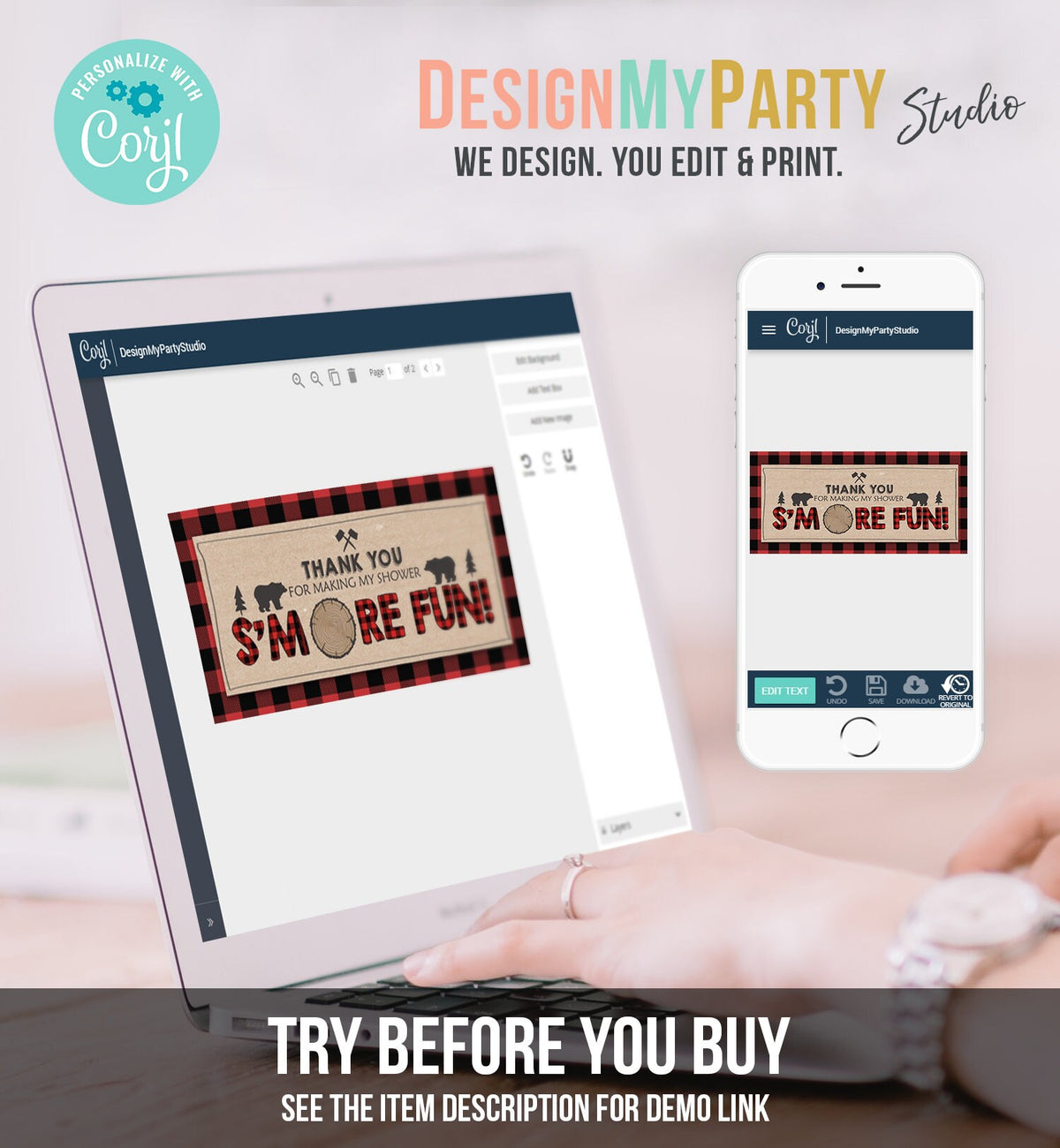 Editable Printable Treat Bag toppers Lumberjack Birthday Party Lumberjack Baby Shower Party S&#39;more Download Template Corjl PRINTABLE 0026