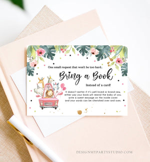 Editable Drive By Bring a Book Card Baby Shower Safari Animals Pink Floral Girl Drive Through Request Insert Ticket Corjl Template 0345