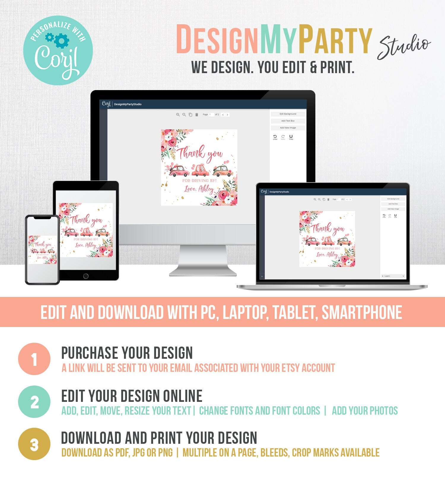 Editable Drive By Favor Tag Thank You Driving By Baby Shower Birthday Parade Gift Tags Quarantine Pink Floral Car Girl Corjl Template 0335