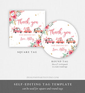 Editable Drive By Favor Tag Thank You Driving By Baby Shower Birthday Parade Gift Tags Quarantine Pink Floral Car Girl Corjl Template 0335