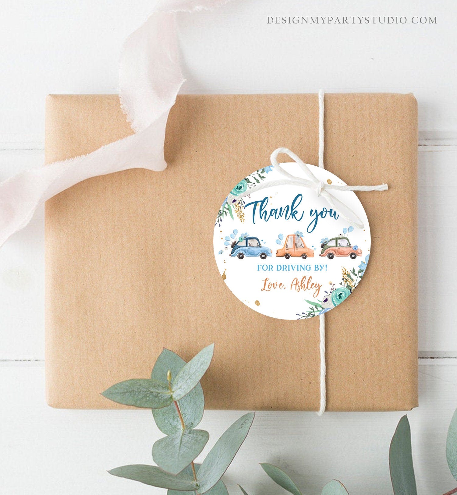 Editable Drive By Favor Tag Thank You Driving By Baby Shower Birthday Parade Gift Tags Quarantine Blue Floral Car Girl Corjl Template 0335