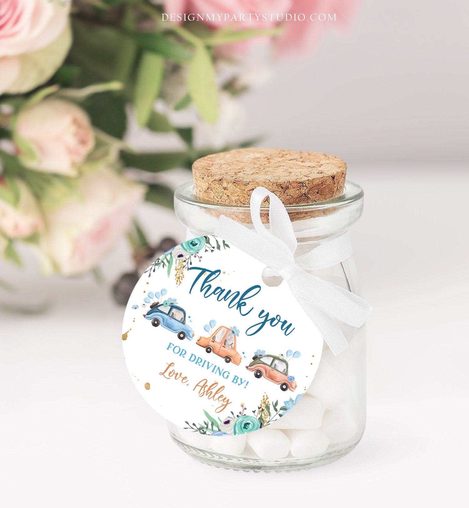 Editable Drive By Favor Tag Thank You Driving By Baby Shower Birthday Parade Gift Tags Quarantine Blue Floral Car Girl Corjl Template 0335