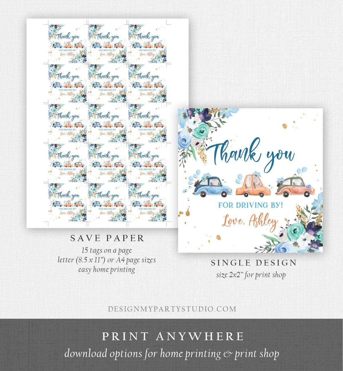 Editable Drive By Favor Tag Thank You Driving By Baby Shower Birthday Parade Gift Tags Quarantine Blue Floral Car Girl Corjl Template 0335
